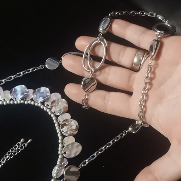 Long and layered silver tone circle link & coin style necklaces both ny & co. - Picture 3 of 9
